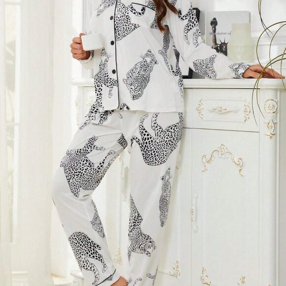 Casual Animal Leopard Print Collared Long Sleeve Top And Loose Pants Comfortable - Picture 6 of 9